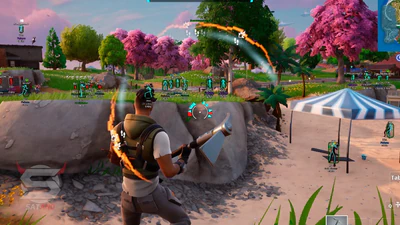 Fortnite combat ESP with skeleton overlays and threat arcs around multiple enemies in the open
