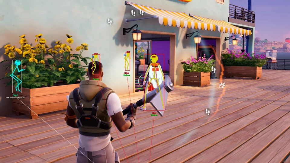 Fortnite boardwalk fight with snaplines, skeleton ESP and shotgun tags on close targets